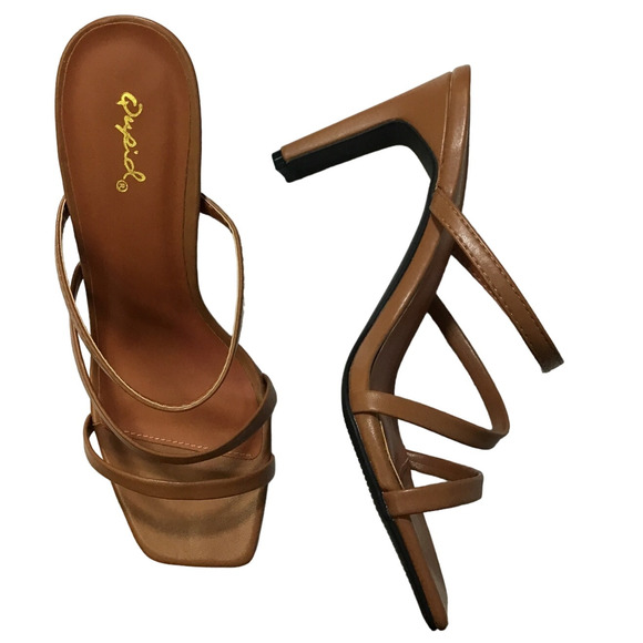 QUPID SZ 7 camel brown Kaylee strappy block 4" high heels NIB R2 - Picture 2 of 7